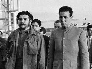 FILE - This April 15, 1964 file photo shows then Cuba's Economic Minister Ernesto "Che" Guevara, left, with Algeria's President Ahmed Ben Bella at Algiers Airport. Ahmed Ben Bella, a historic leader of its bloody independence struggle from France, died at his family home in Algiers on Wednesday, April, 11, 2012. (AP Photo, File)