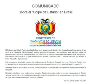 Declaração da Bolívia em repúdio ao Golpe