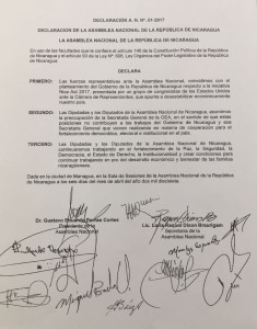 Fac-símile do texto unânime da Assembleia Nacional da Nicarágua