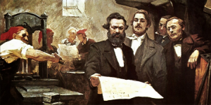 Pintura de E. Capiro retrata Marx e Engels na redação da Nova Gazeta Renana durante a revolução de 1848